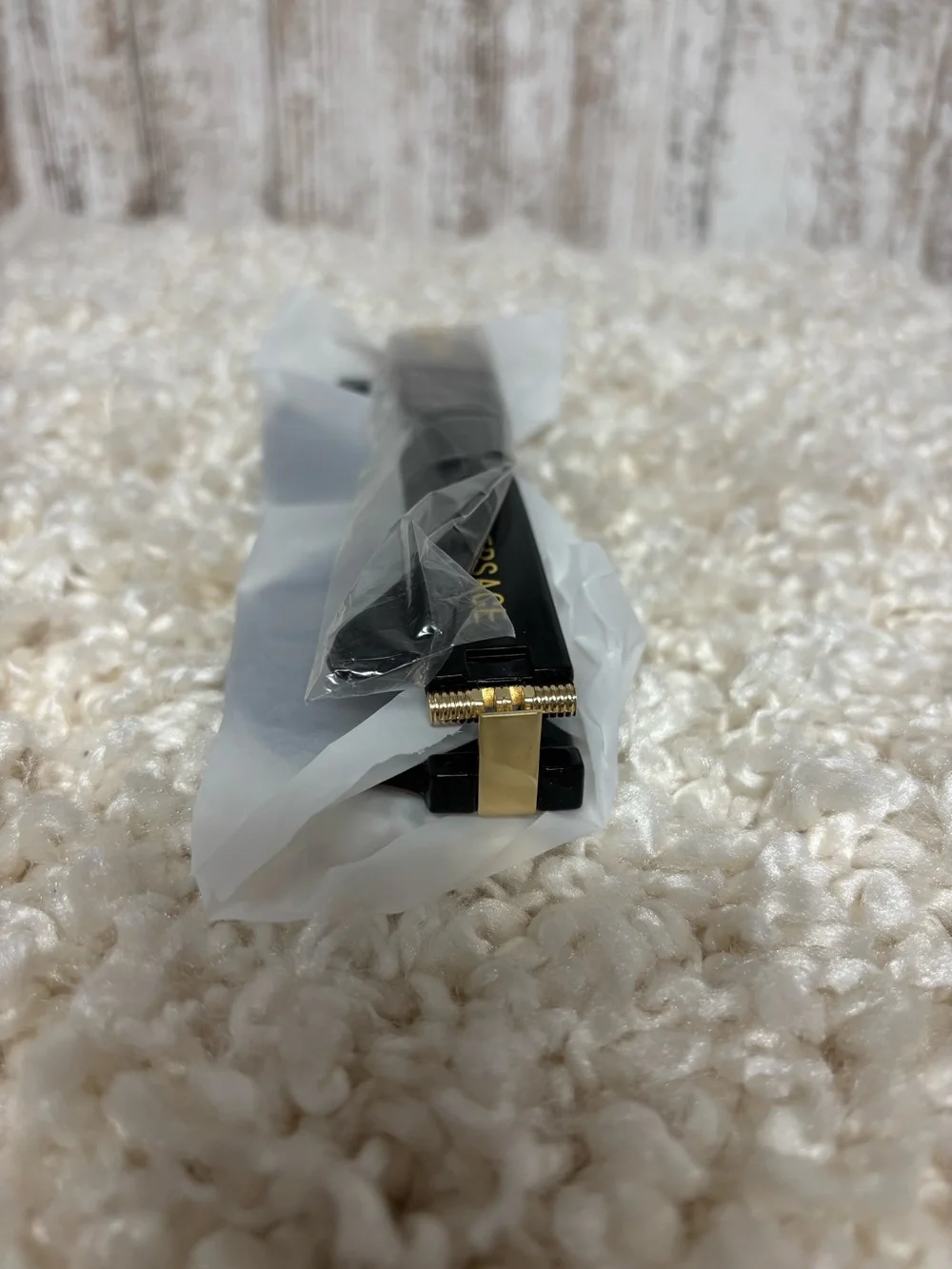 Versace Glossy Black Square Sunglasses with Gold Hardware